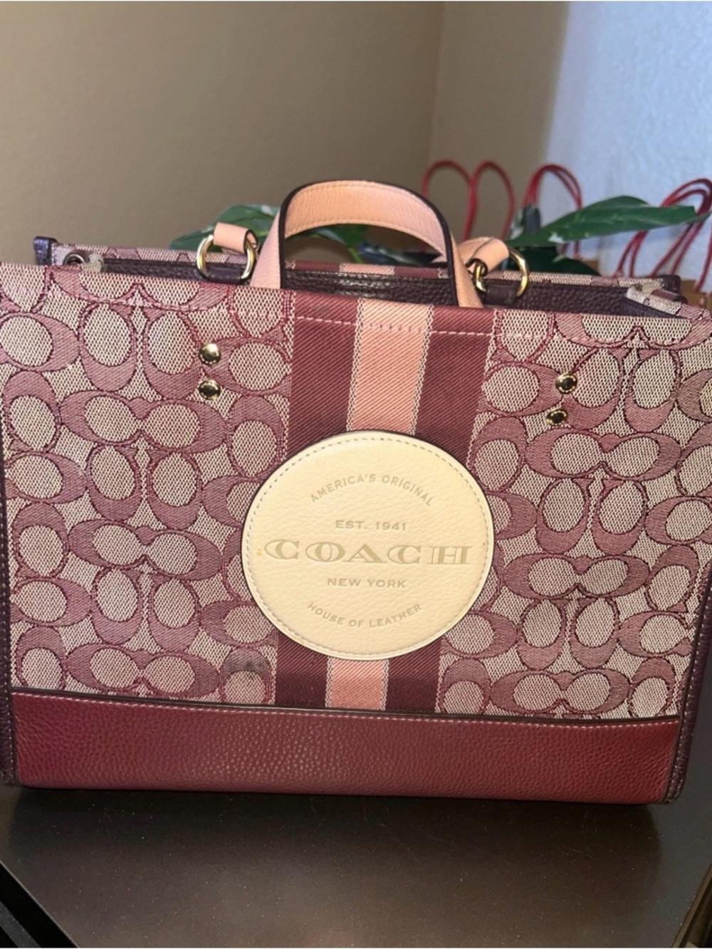Coach Pink Burgundy Signature Canvas Satchel with Leather Trim